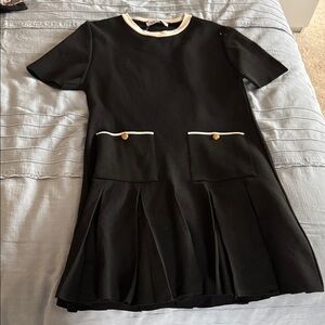 ZARA Black pleated Dress with Gold Accents
